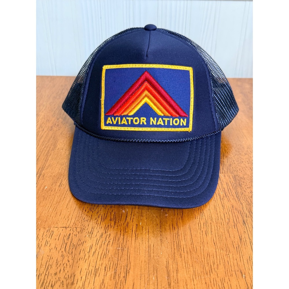 Aviator Nation Blue Mountain Strip Trucker Hat Mesh Snapback Cap Retro 70s Logo